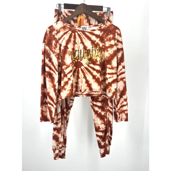 Saturdaze Pajama Set Naughty Tie Dye Rust Cream Pants and Cropped Top Sequins L - Picture 1 of 10
